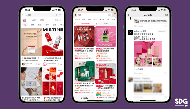 Posts and promotions for the 520 Valentine’s Day on Xiaohongshu, Taobao and WeChat