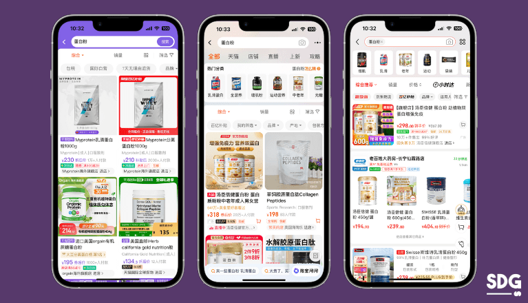 Protein powders on JD.COM,Tmall Global and Taobao China