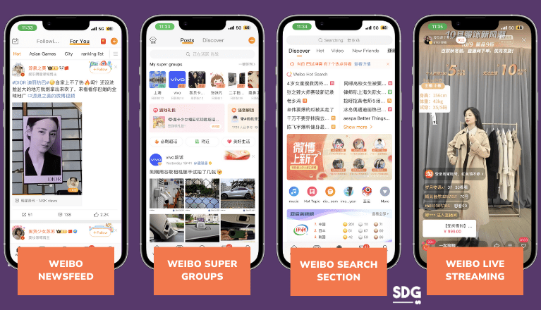 Weibo newsfeed, search, super group and live streaming